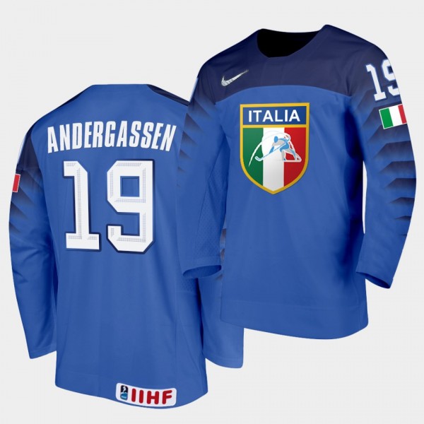 Italy Team Raphael Andergassen 2021 IIHF World Championship #19 Away Blue Jersey